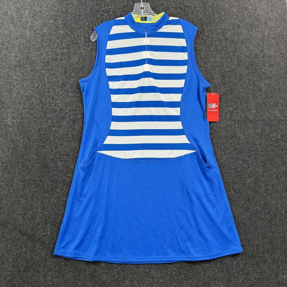 PGA Tour Dress Women's XL Blue White Striped Golf Sleeveless Zip Neck Pockets